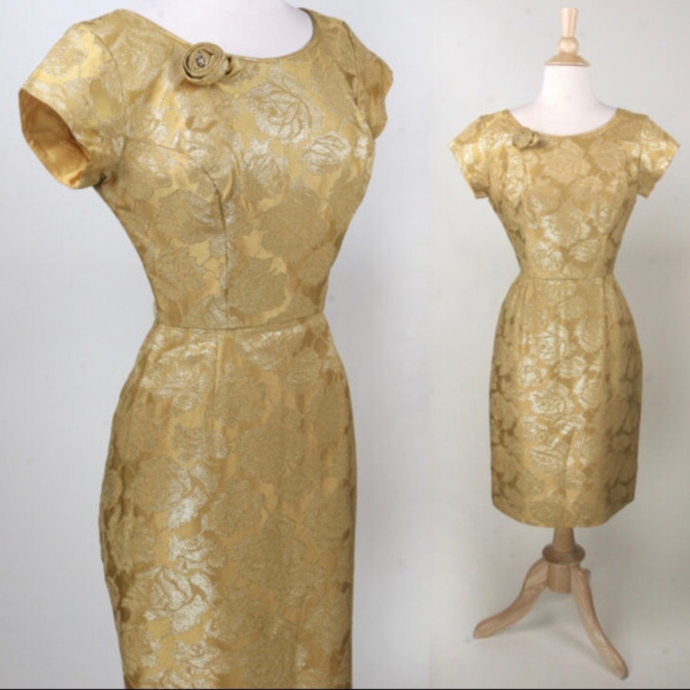 Vintage 1950s gold wiggle dress Rose print xs s